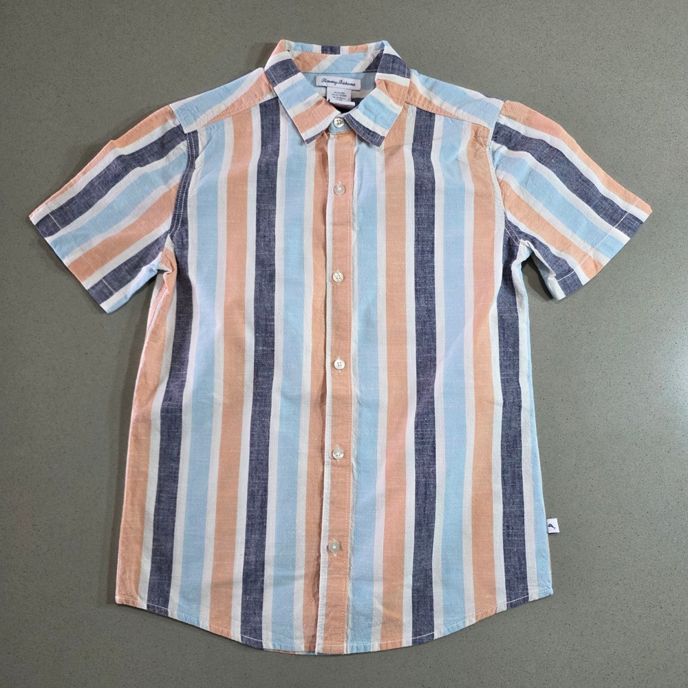 Tommy Bahama XL 14 Striped Short Sleeve Button Down Shirt Blue Orange Cotton